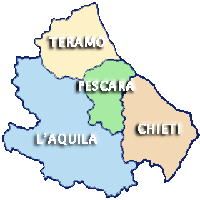 mappa della regione Abruzzo e delle sue province: Pescara, Teramo, Chieti e L'Aquila